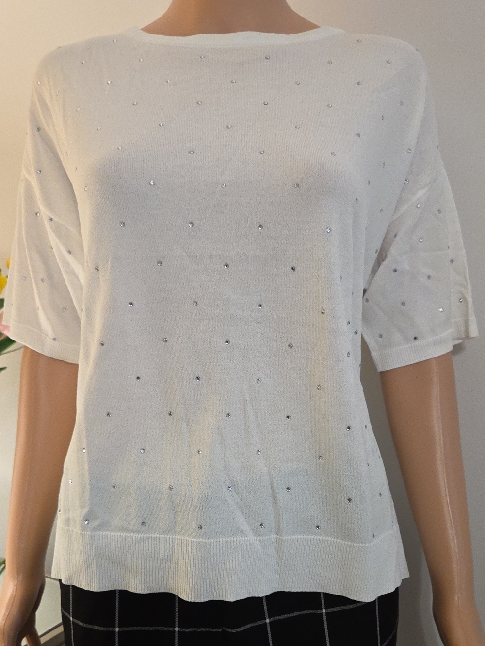 Joseph Ribkoff White Short-Sleeve Knit Top with Crystal Accents